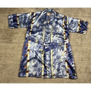 Gabrielle Intimate Robe Womens Med Blue Floral Tie Dye Satin Kimono Wrap Belted
